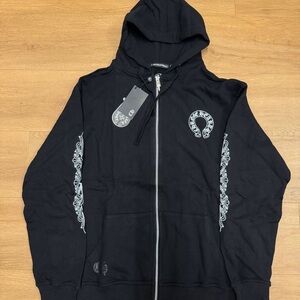 Chrome Hearts Black Zip Up Sweater with White Accents
